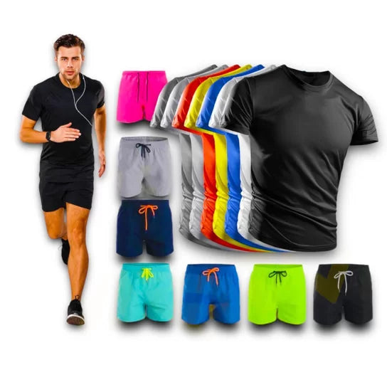 Kit Shorts Bermuda Camiseta Fitness Corrida MASCULINA ALGODO 303 - PretoCinza–Clássico
